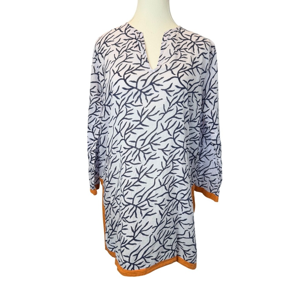 Roberta Roller Rabbit Coral Print Cotton Tunic Top Navy Orange White Med Beach